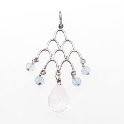 925 Sterling Silver Vintage Real Clear Quartz & Blue Topaz Chandelier Pendant