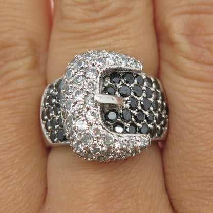 925 Sterling Silver Round-Cut Black & White C Z Belt Ring Size 8