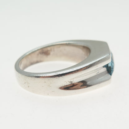 925 Sterling Silver Vintage Real Blue Topaz Modernist Ring Size 9.25