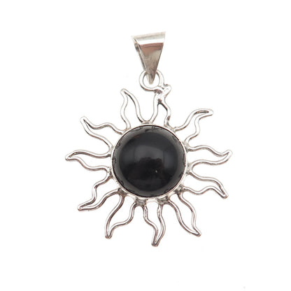 925 Sterling Silver Vintage Mexico Real Black Onyx Sun Charm Pendant