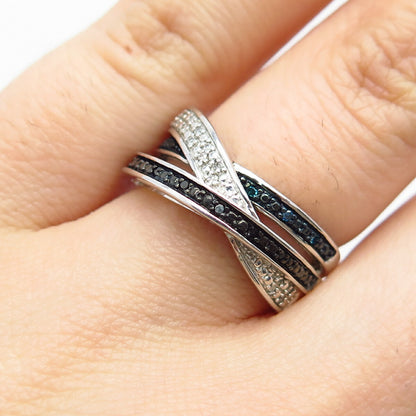 925 Sterling Silver SUN Real White Blue & Black Diamond Crossover Ring Size 5.75