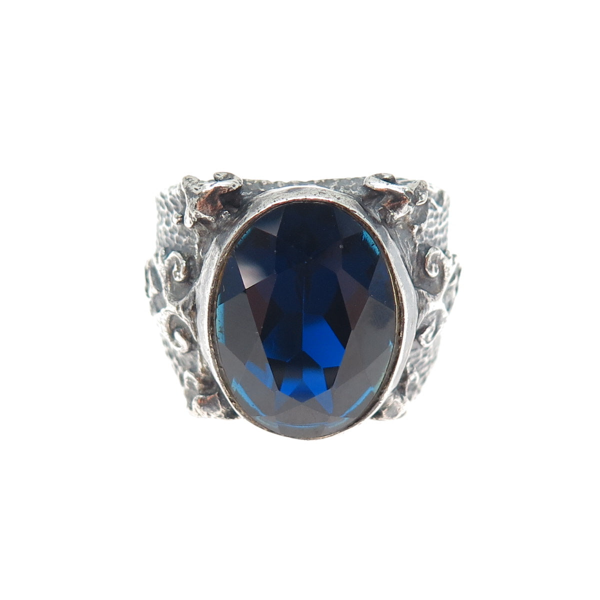 925 Sterling Silver Vintage Lab-Created Sapphire Oxidized Ring Size 10.5