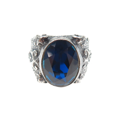 925 Sterling Silver Vintage Lab-Created Sapphire Oxidized Ring Size 10.5