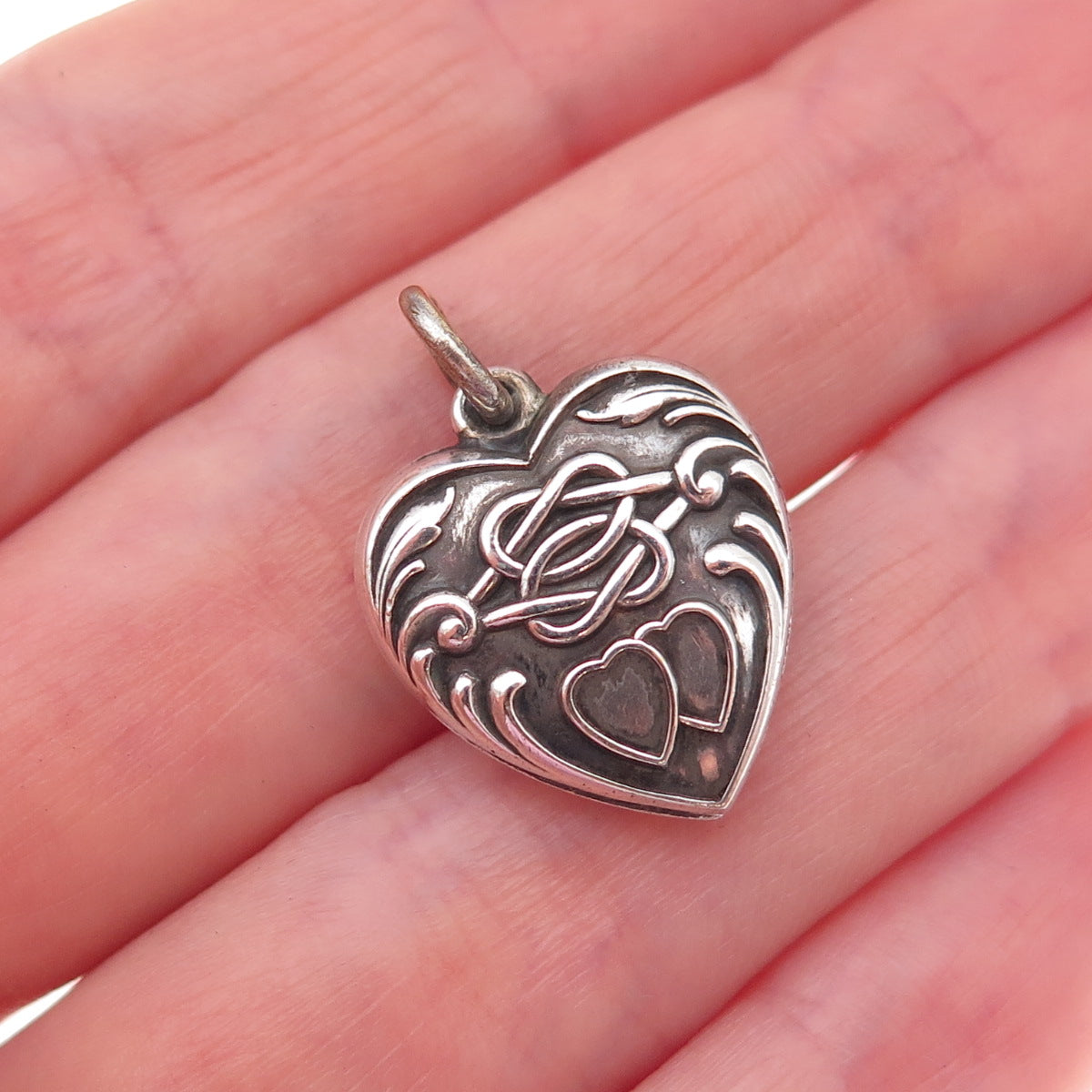 925 Sterling Silver Antique Art Deco Chatelaine Heart Knot Charm Pendant