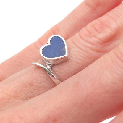 925 Sterling Silver Vintage Real Lapis Heart Oxidized Bypass Ring Size 4.5