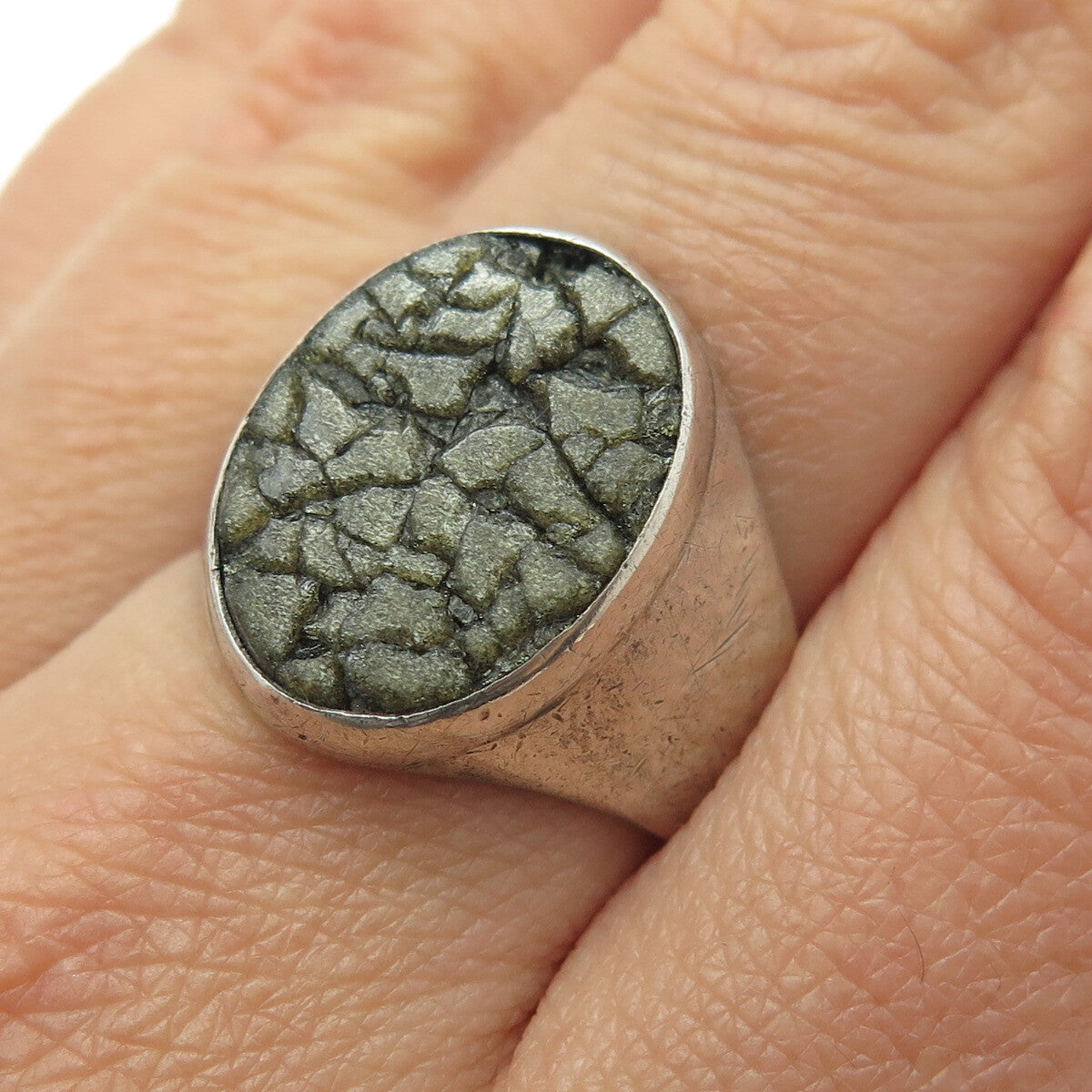 925 Sterling Silver Vintage Real Green Serpentine Inlay Signet Ring Size 8.75