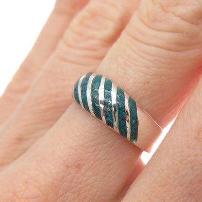 925 Sterling Silver Vintage Mexico Real Turquoise Inlay Ribbed Ring Size 7