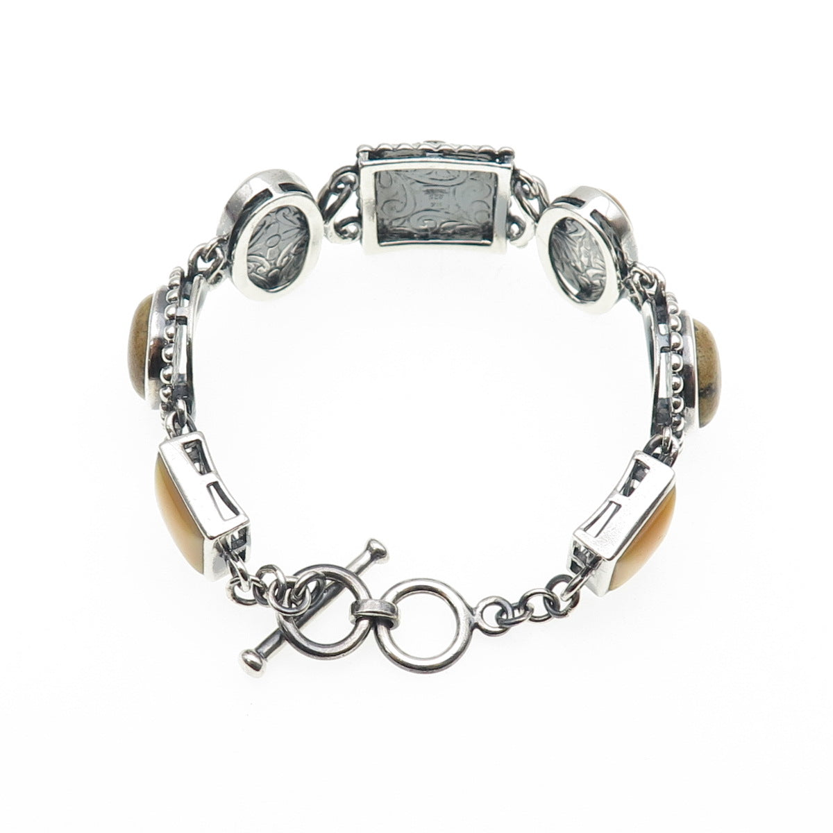 Whitney Kelly 925 Sterling Vintage Real Tiger Eye Jasper & MOP Bracelet 7-7.25"