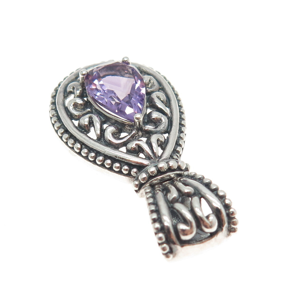 925 Sterling Silver Vintage Real Pear-Cut Amethyst Ornate Drop Pendant