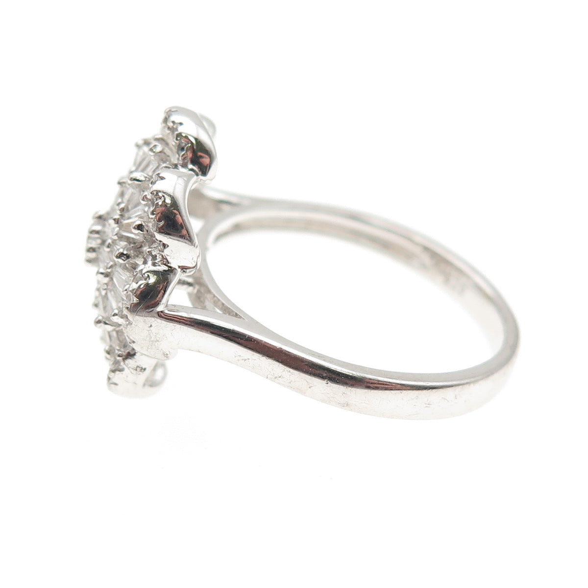 925 Sterling Silver Round & Tapered Baguette-Cut C Z Floral Ring Size 9