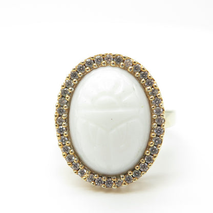925 Sterling Silver Gold Plated Pave C Z & White Ceramic Ring Size 7.25