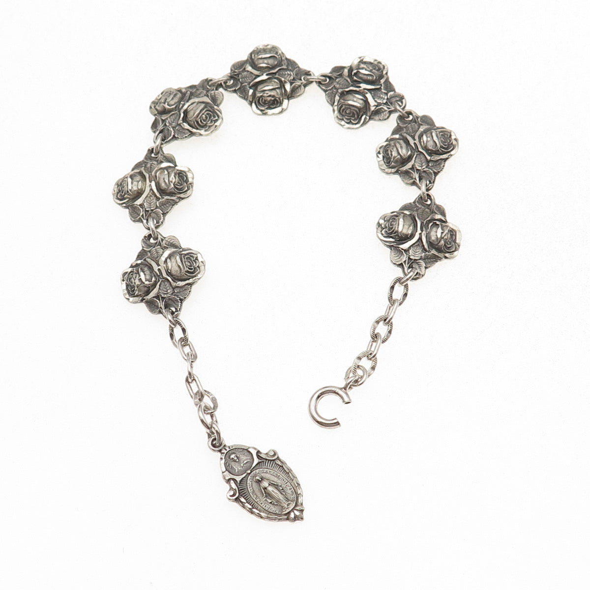HMH Religious 925 Sterling Antique Art Deco Rose Bracelet 7.75" (missing lock)
