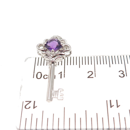 Sun 925 Sterling Silver Real Diamond & Amethyst Floral Key Slide Charm Pendant