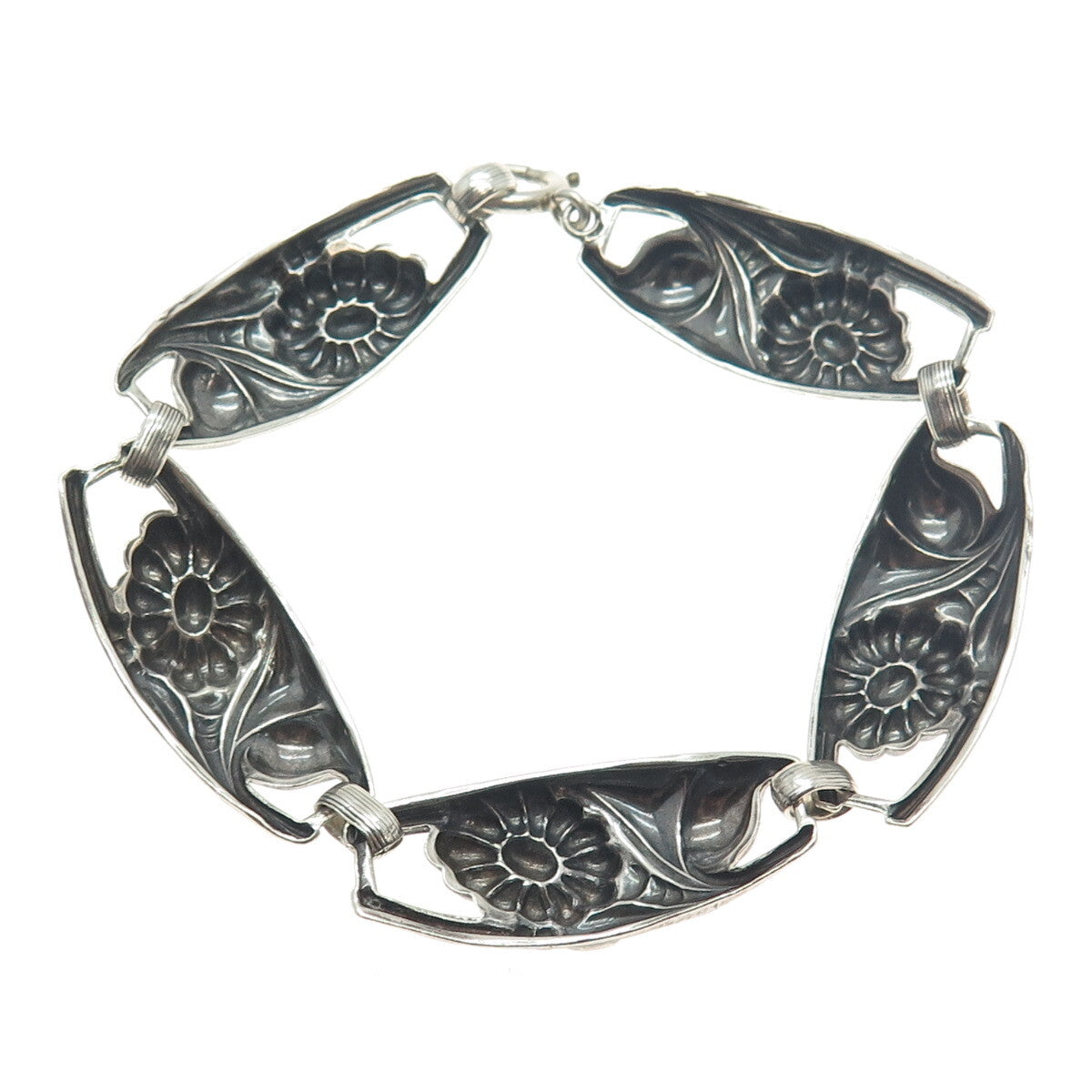 925 Sterling Silver Antique Art Deco Flower Panel Link Oxidized Bracelet 7.75"