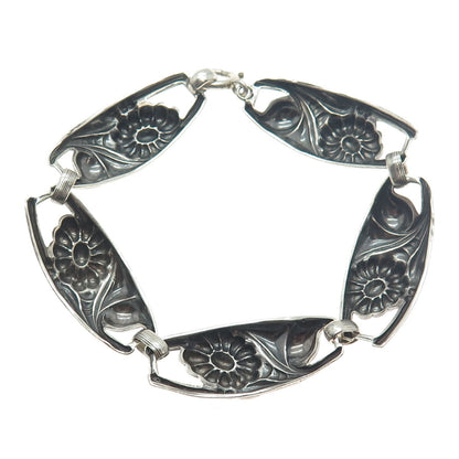 925 Sterling Silver Antique Art Deco Flower Panel Link Oxidized Bracelet 7.75"