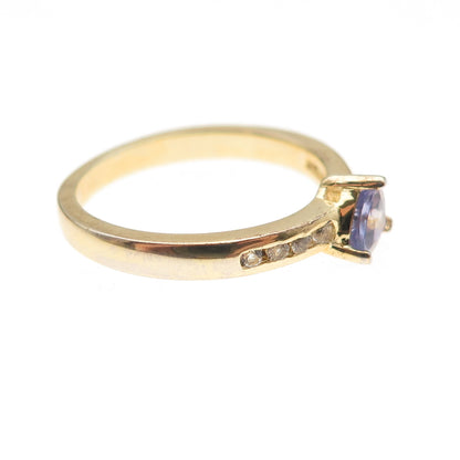 925 Sterling Silver Gold Plated Real Tanzanite & White Topaz Ring Size 7.25