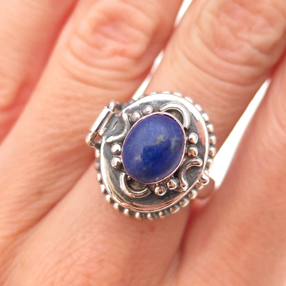 925 Sterling Silver Vintage Real Lapis Oxidized Poison Ring Size 7