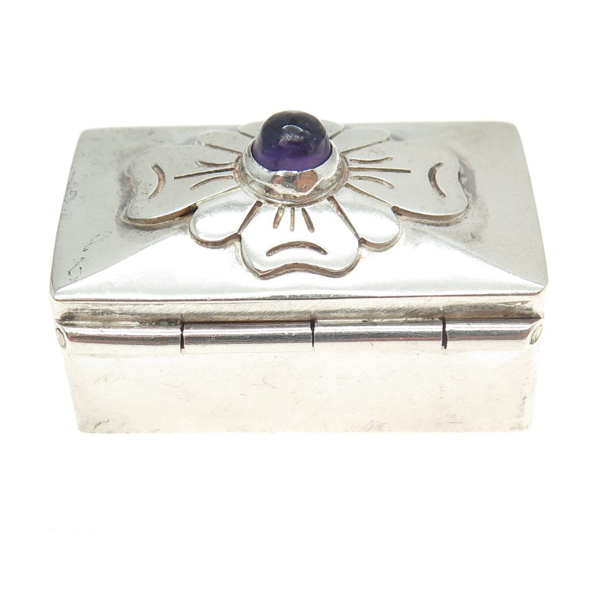 DAMASO GALLEGOS Sterling Silver Vintage Mexico Amethyst Flower Pill Snuff Box