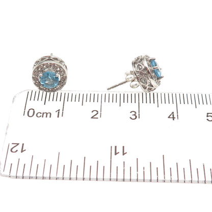 925 Sterling Silver Vintage Real Round-Cut Blue & White Topaz Stud Earrings