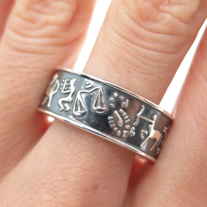 925 Sterling Silver Vintage Mexico Zodiac Calendar Oxidized Band Ring Size 11.75