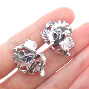 925 Sterling Silver Vintage Calla Lily Flower Oxidized Screw Back Earrings