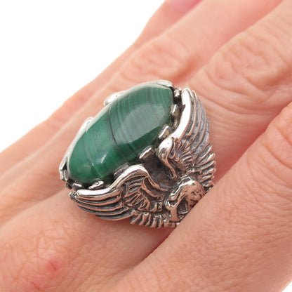 925 Sterling Silver Vintage Real Malachite Eagle Oxidized Ring Size 11