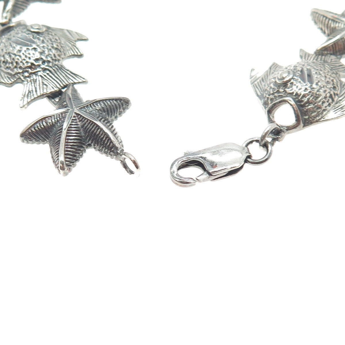 925 Sterling Silver Vintage Fish & Starfish Link Bracelet 7.75"