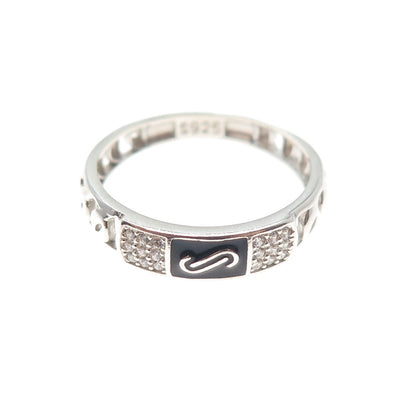 925 Sterling Silver Vintage Enamel Round-Cut C Z Chain Link Band Ring Size 7.25