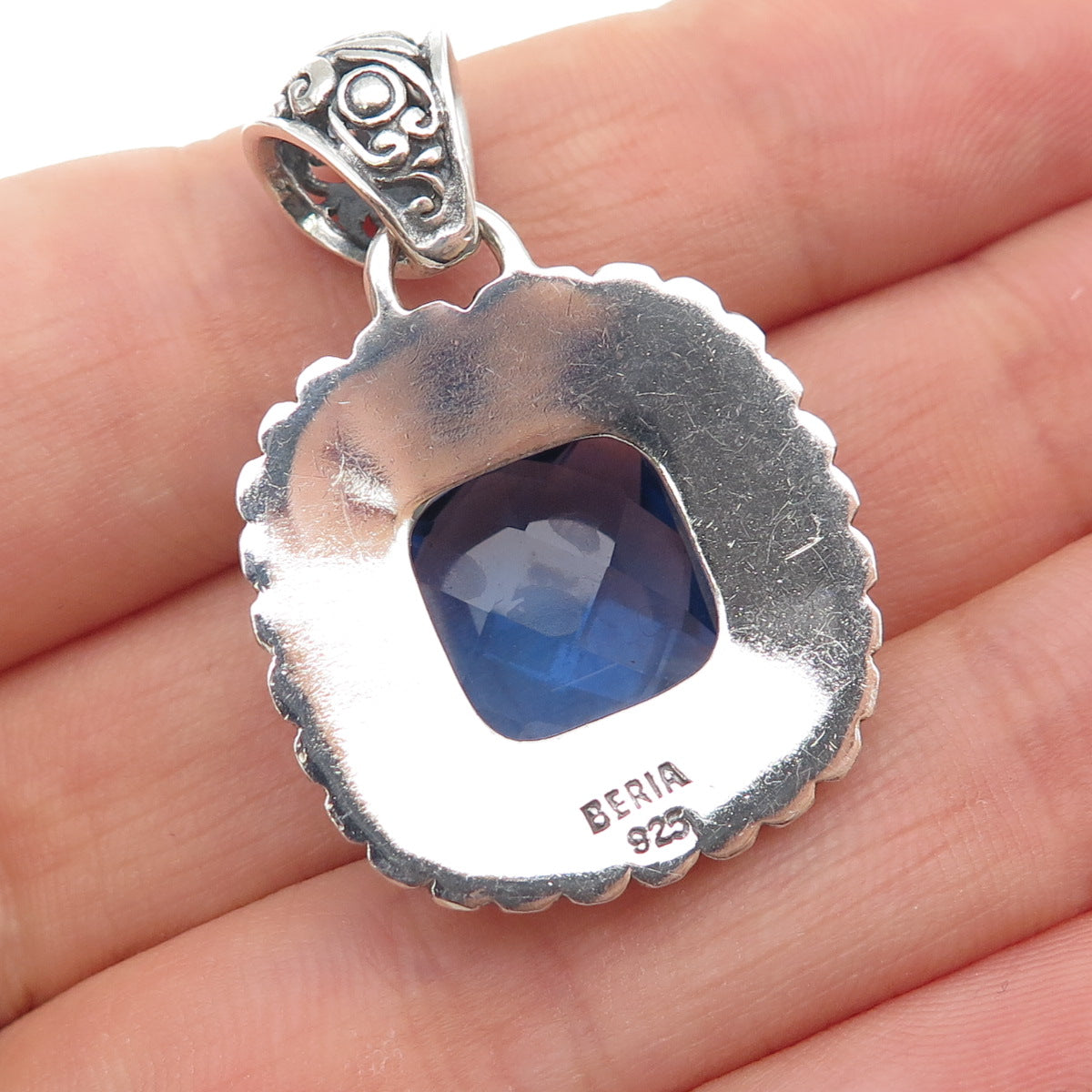 BERIA 925 Sterling Silver Vintage Lab-Created Blue Spinel Dotted Charm Pendant