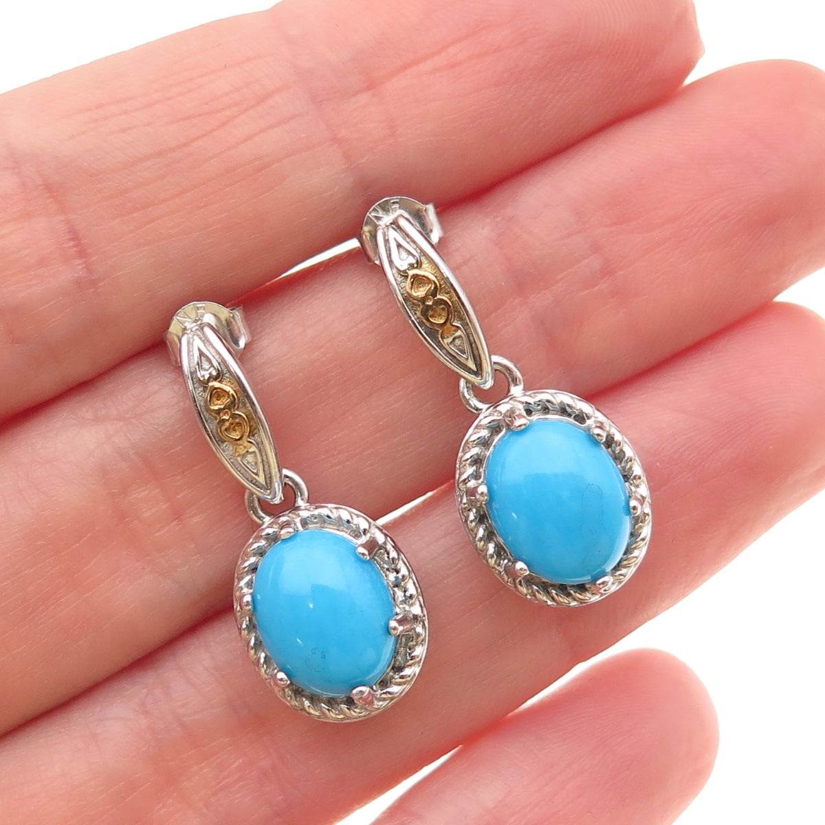 Chapal Zenray 925 Sterling 2-Tone Real Sleeping Beauty Turquoise Dangle Earrings