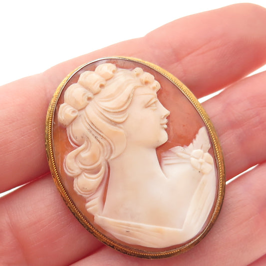 925 Sterling Silver Gold Plated Vintage Real MOP Lady Cameo Pin Brooch / Pendant