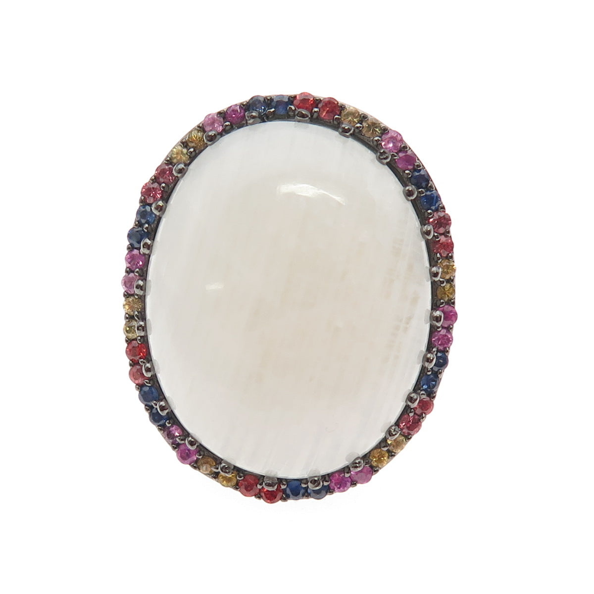 DSMK Sterling Black Rhodium Real Moonstone & Multi-Color Sapphire Ring Size 7.25