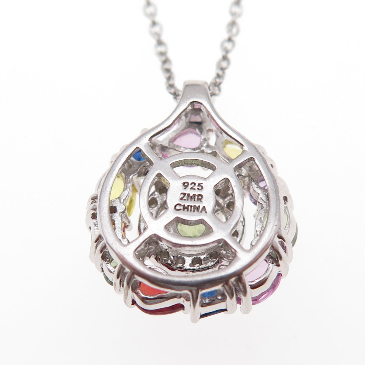 925 Sterling Silver Real Diamond & Multi-Color Sapphire Cable Chain Necklace 18"