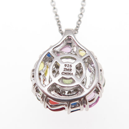 925 Sterling Silver Real Diamond & Multi-Color Sapphire Cable Chain Necklace 18"