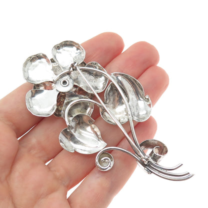 925 Sterling Silver Antique Art Deco Purple Rhinestone Flower Oxidized Brooch
