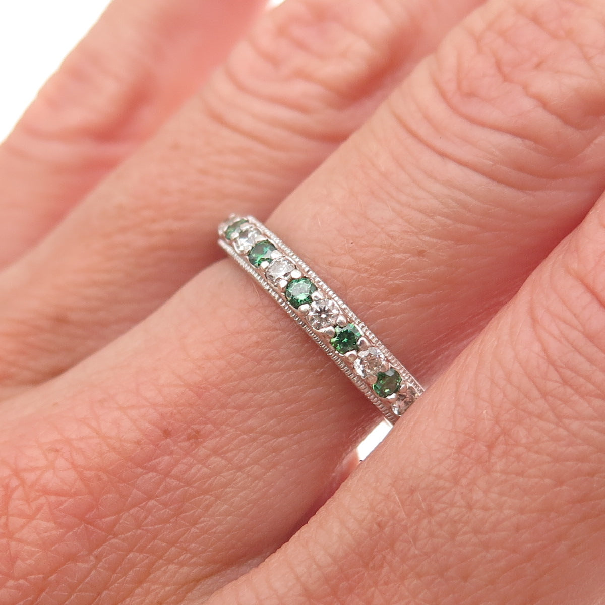 Tacori 925 Sterling Silver Green & White C Z Eternity Band Ring Size 7.25
