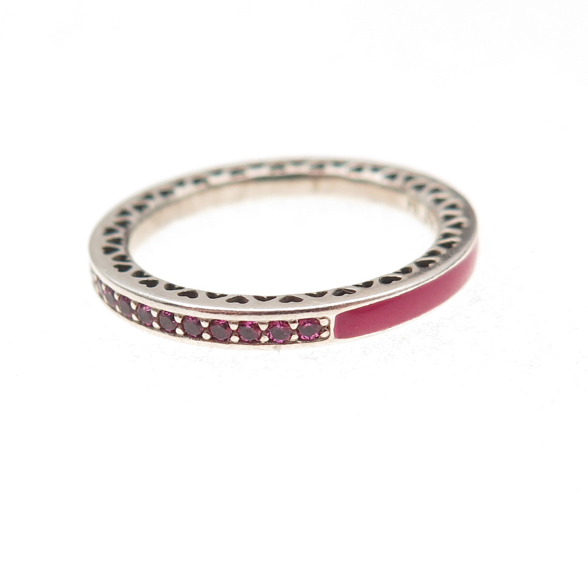 Pandora 925 Sterling Silver Red Enamel & C Z Radiant Hearts Band Ring Size 7