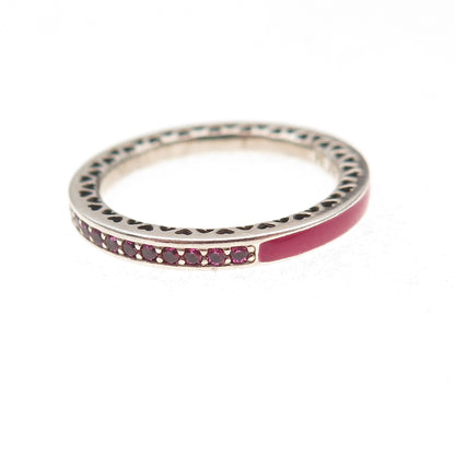 Pandora 925 Sterling Silver Red Enamel & C Z Radiant Hearts Band Ring Size 7