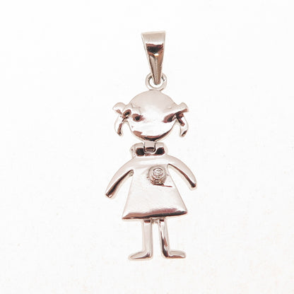 925 Sterling Silver Round-Cut C Z Girl Articulated Charm Pendant