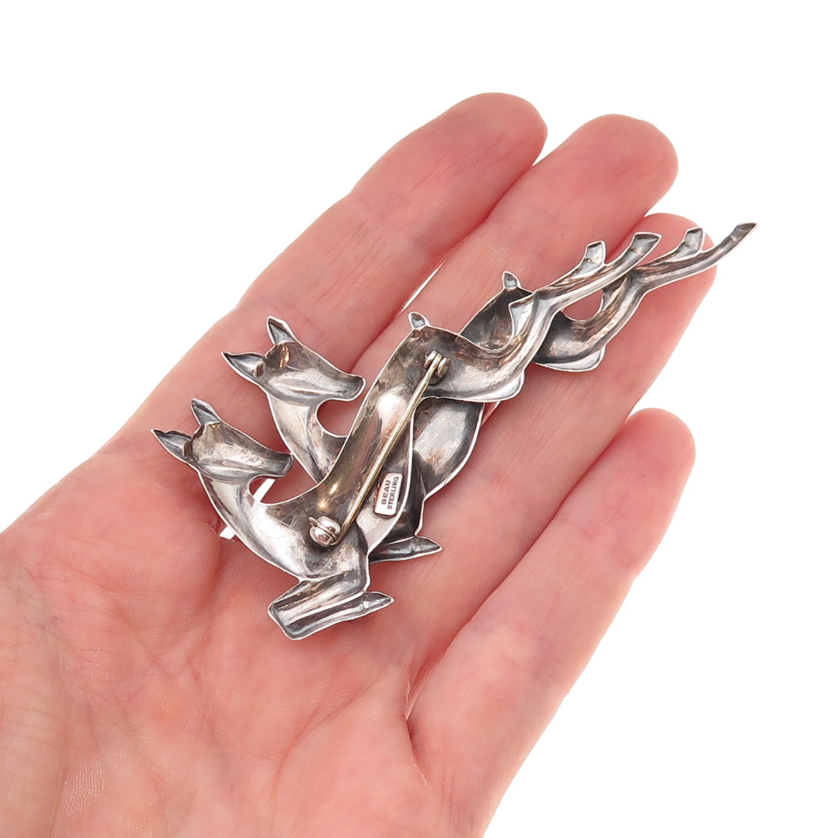 Beau 925 Sterling Silver Vintage Deer Couple Oxidized Pin Brooch
