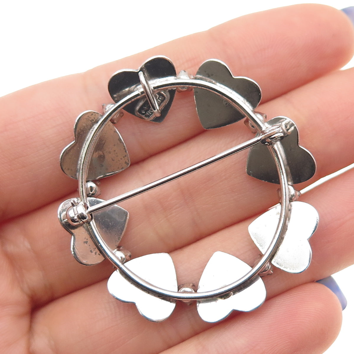 CARL ART Sterling Silver Vintage Blue & White Rhinestone Heart Circle Pin Brooch