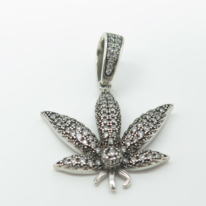 925 Sterling Silver Round-Cut White C Z Cannabis Leaf Pendant