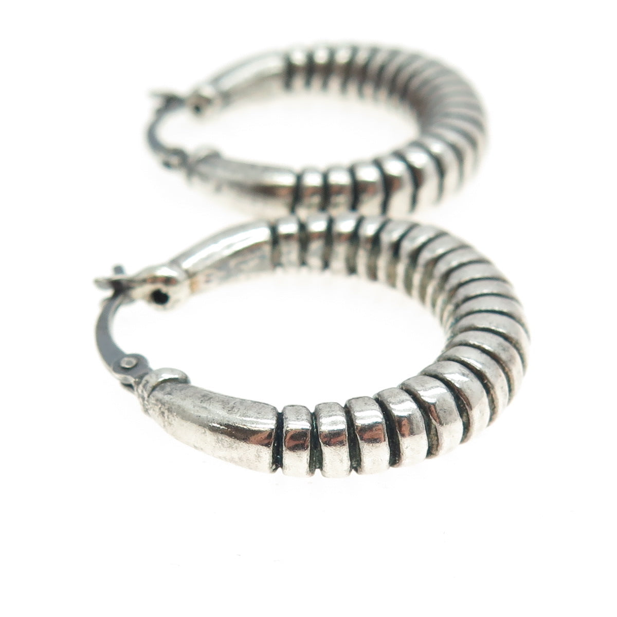 925 Sterling Silver Vintage Ribbed Oxidized Hoop Earrings