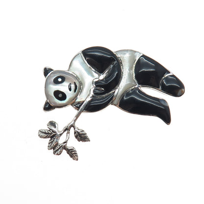 925 Sterling Silver Vintage Real Black Onyx & MOP Panda Pin Brooch