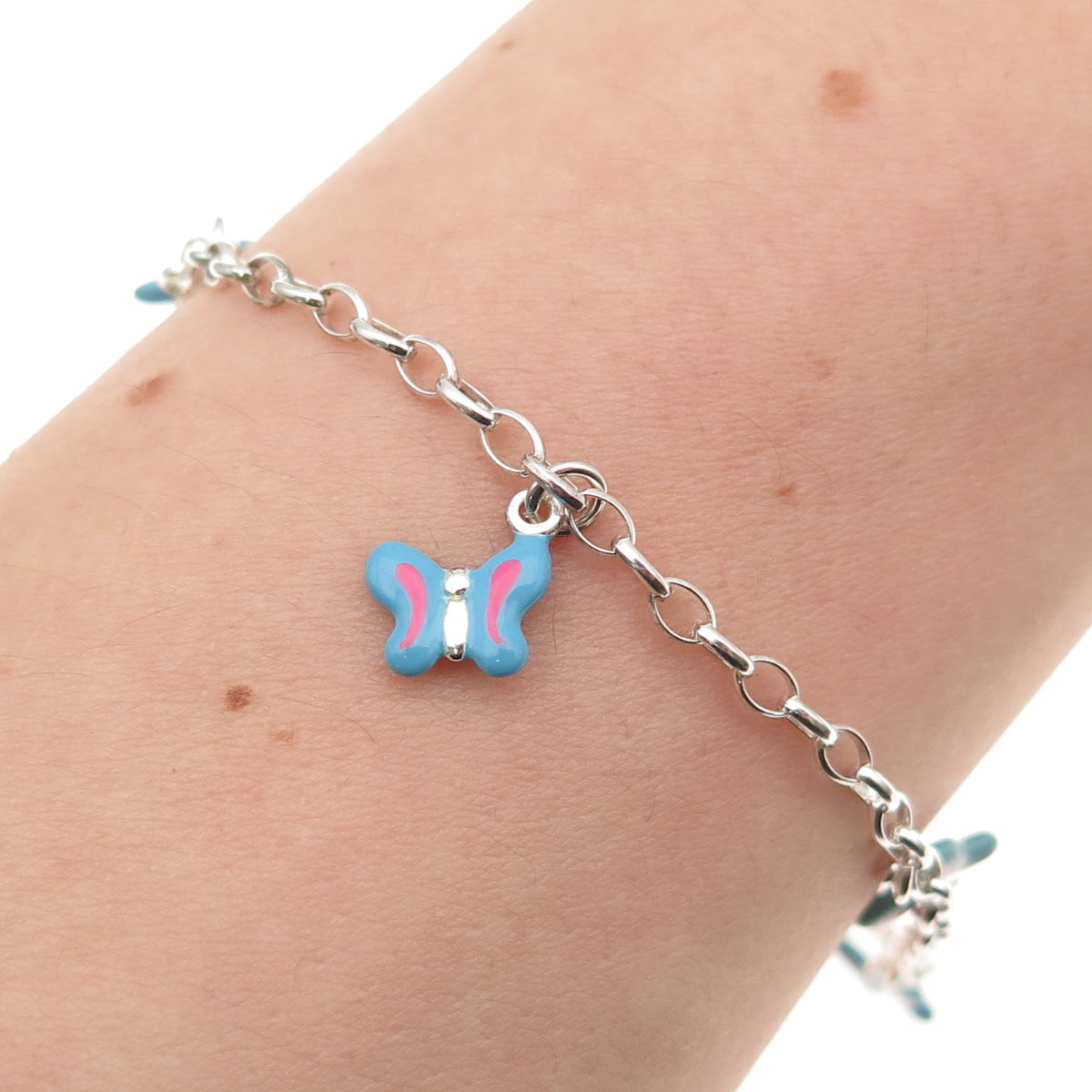 925 Sterling Silver Enamel Butterfly Dangle Charm Oval Link Bracelet 6"