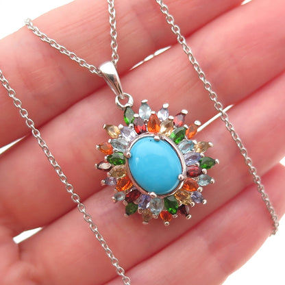 D'Joy 925 Sterling Silver Real Turquoise & Multi-Gem Cable Chain Necklace 20"