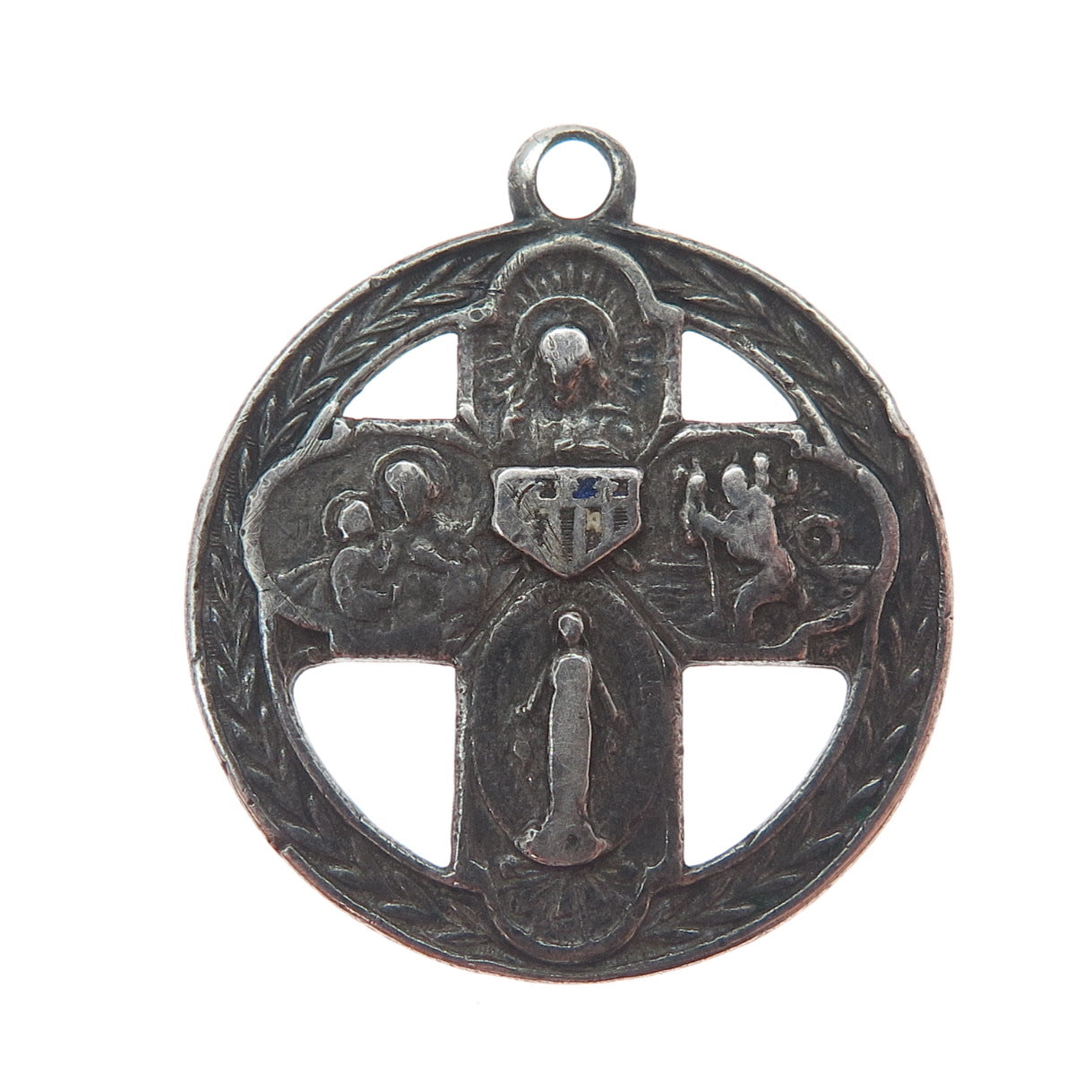 925 Sterling Silver Antique Art Deco 4-Way Cross Medal Oxidized Charm Pendant