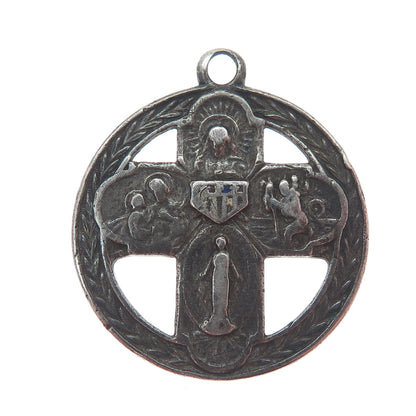 925 Sterling Silver Antique Art Deco 4-Way Cross Medal Oxidized Charm Pendant