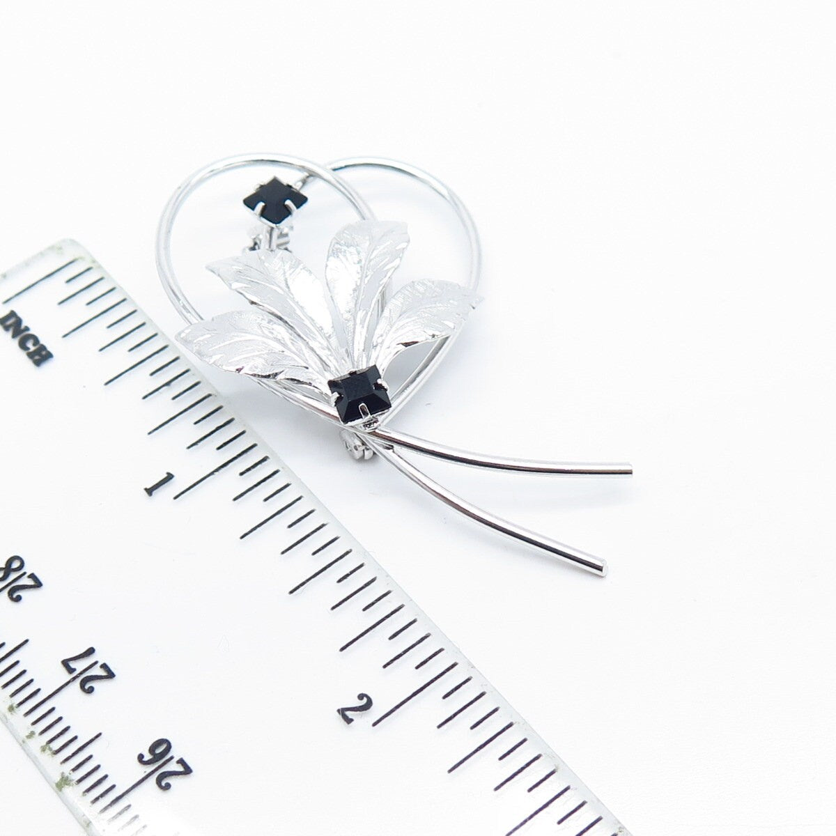 925 Sterling Silver Vintage Black Rhinestone Leaf Floral Pin Brooch