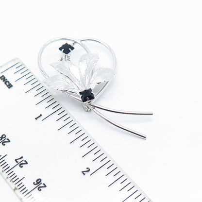 925 Sterling Silver Vintage Black Rhinestone Leaf Floral Pin Brooch